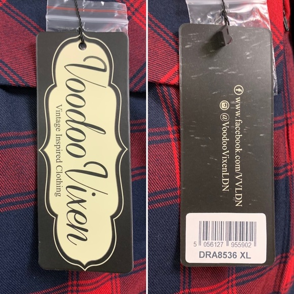 NWT Voodoo Vixen Joan Red Navy Plaid Wiggle Dress Pin Up Rockabilly Kick Pleat - Picture 11 of 14